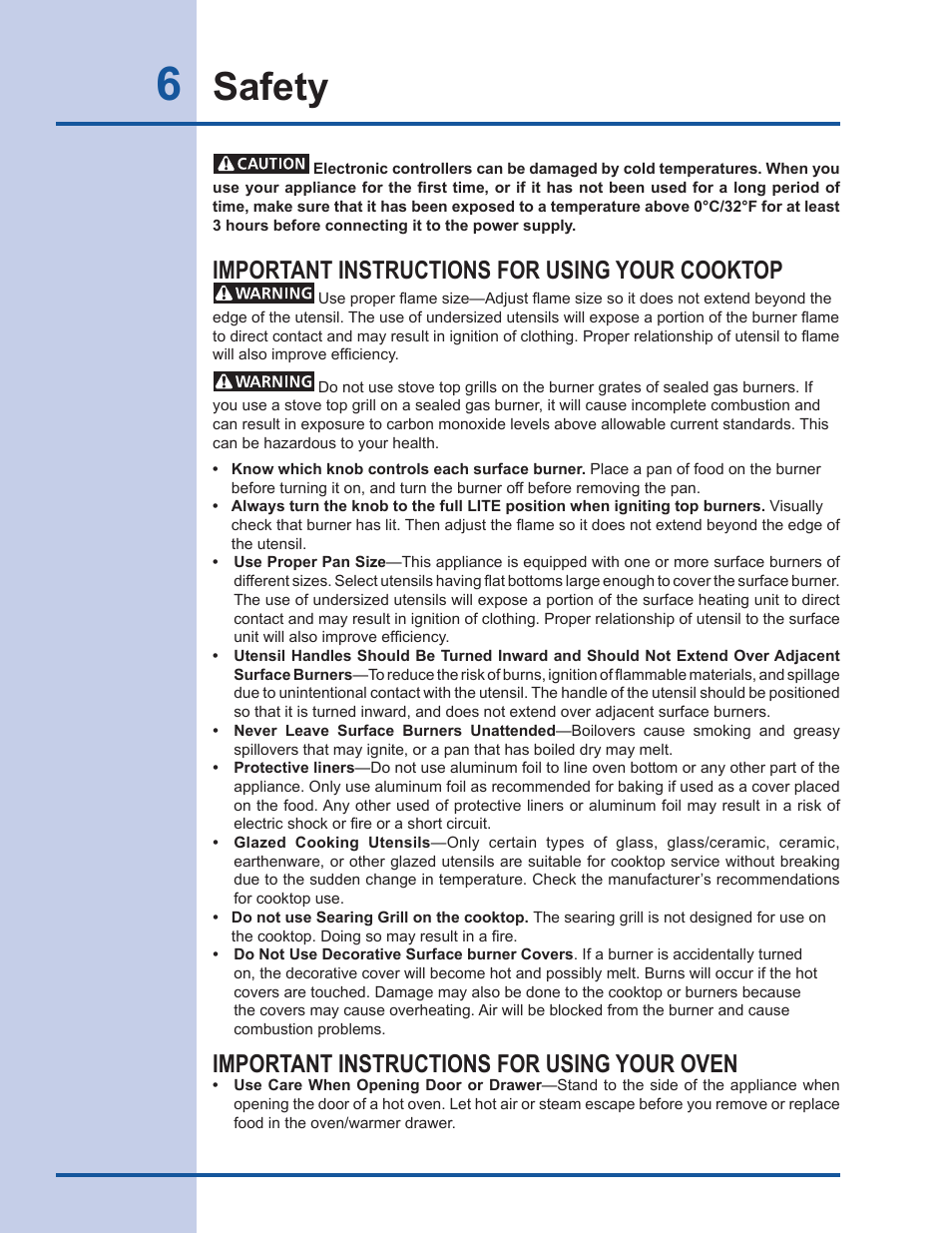 Safety, Important instructions for using your cooktop, Important instructions for using your oven | Electrolux EI30DS55LW User Manual | Page 6 / 52