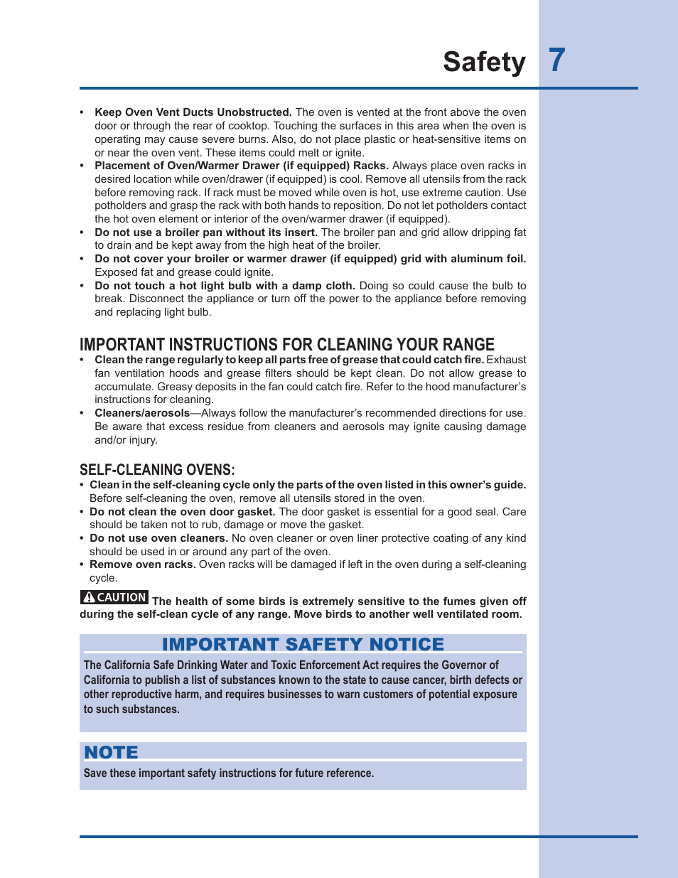 Safety, Important instructions for cleaning your range, Important safety notice | Self-cleaning ovens | Electrolux EI30DS55LW User Manual | Page 7 / 52