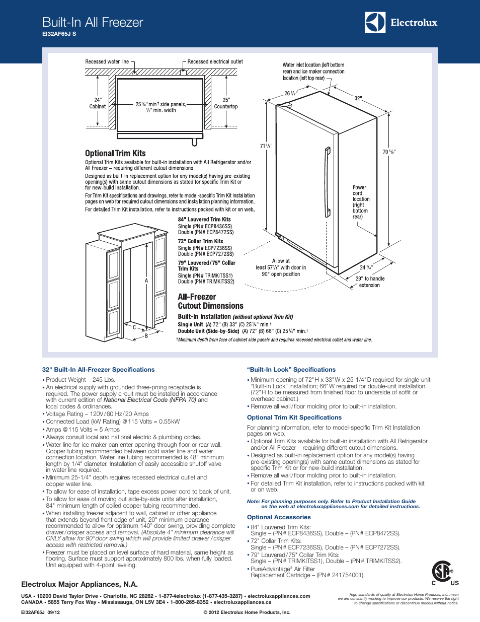 Built-in all freezer, Electrolux major appliances, n.a | Electrolux EI32AF65JS User Manual | Page 2 / 5