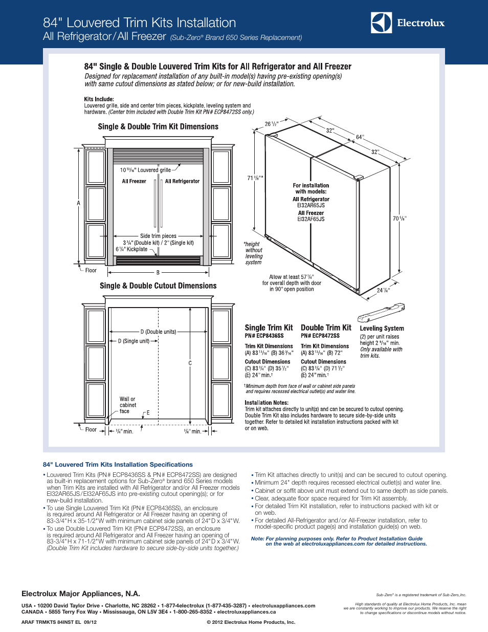 84" louvered trim kits installation, All refrigerator/all freezer, Sub-zero | Brand 650 series replacement), Electrolux major appliances, n.a | Electrolux EI32AF65JS User Manual | Page 3 / 5