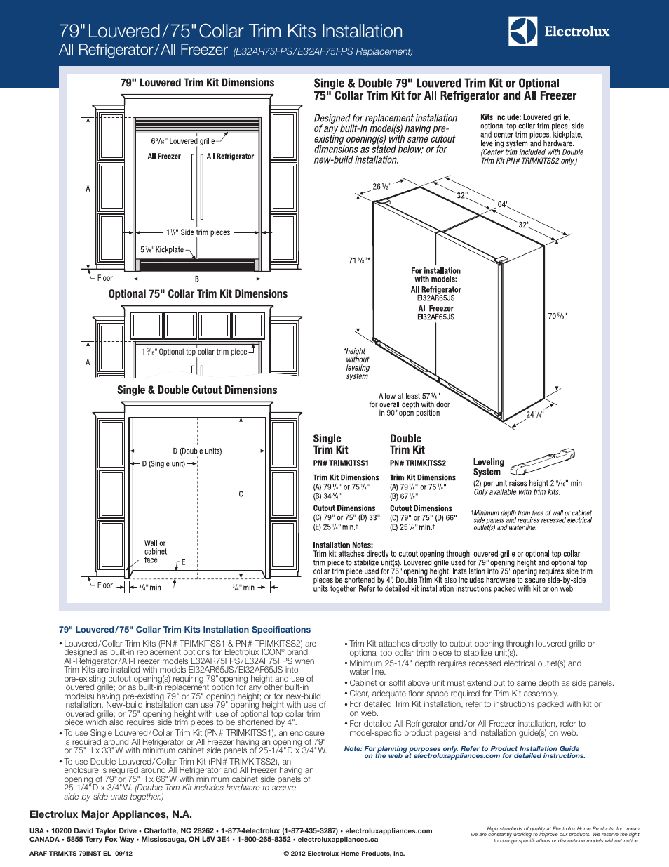 79"louvered/75"collar trim kits installation, All refrigerator/all freezer, Optional 75" collar trim kit dimensions | Electrolux major appliances, n.a | Electrolux EI32AF65JS User Manual | Page 5 / 5