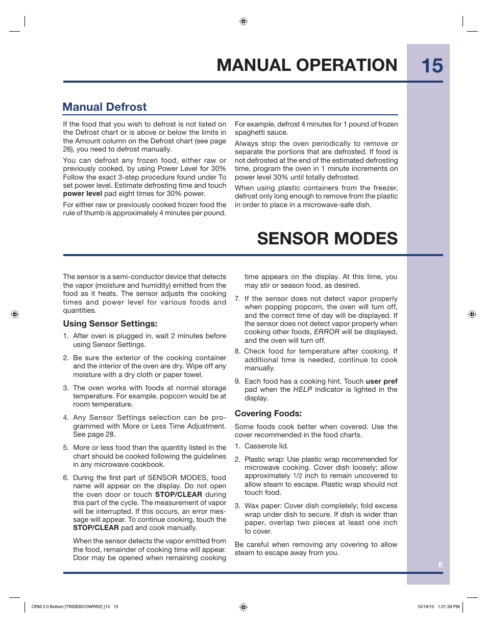 Manual operation, Sensor modes, Manual defrost | Electrolux EI30BM55HS User Manual | Page 15 / 36