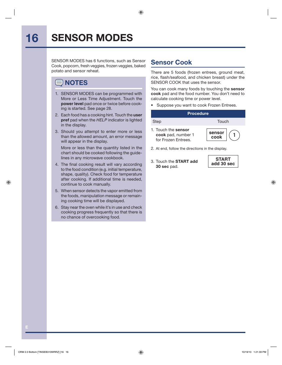 Sensor modes, Sensor cook | Electrolux EI30BM55HS User Manual | Page 16 / 36