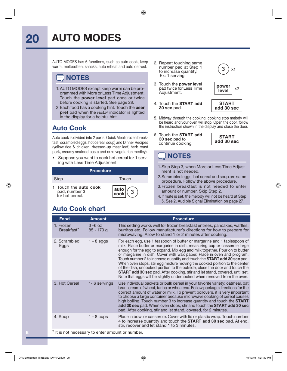 Auto modes, Auto cook, Auto cook chart | Electrolux EI30BM55HS User Manual | Page 20 / 36