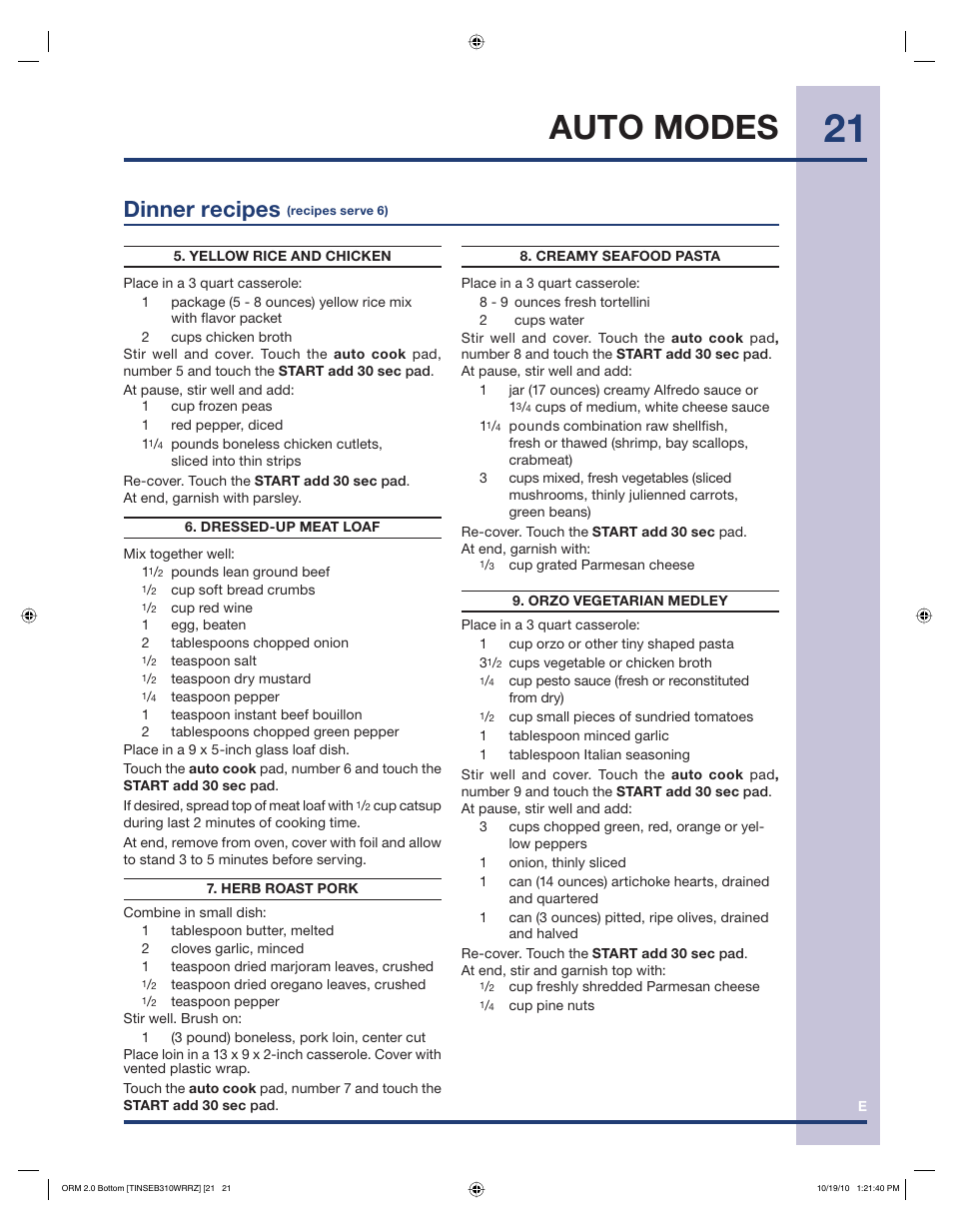 Auto modes, Dinner recipes | Electrolux EI30BM55HS User Manual | Page 21 / 36