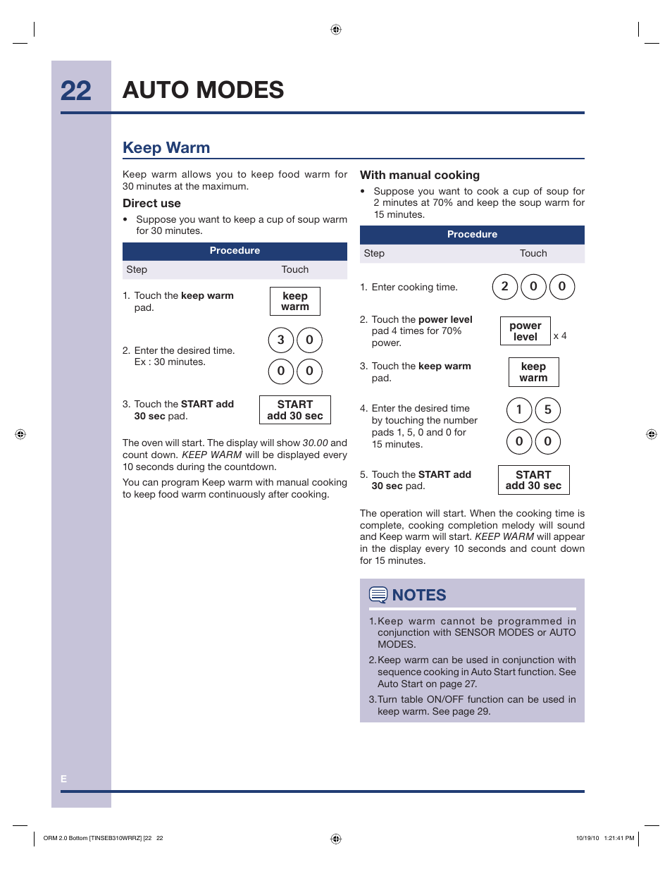 Auto modes, Keep warm | Electrolux EI30BM55HS User Manual | Page 22 / 36