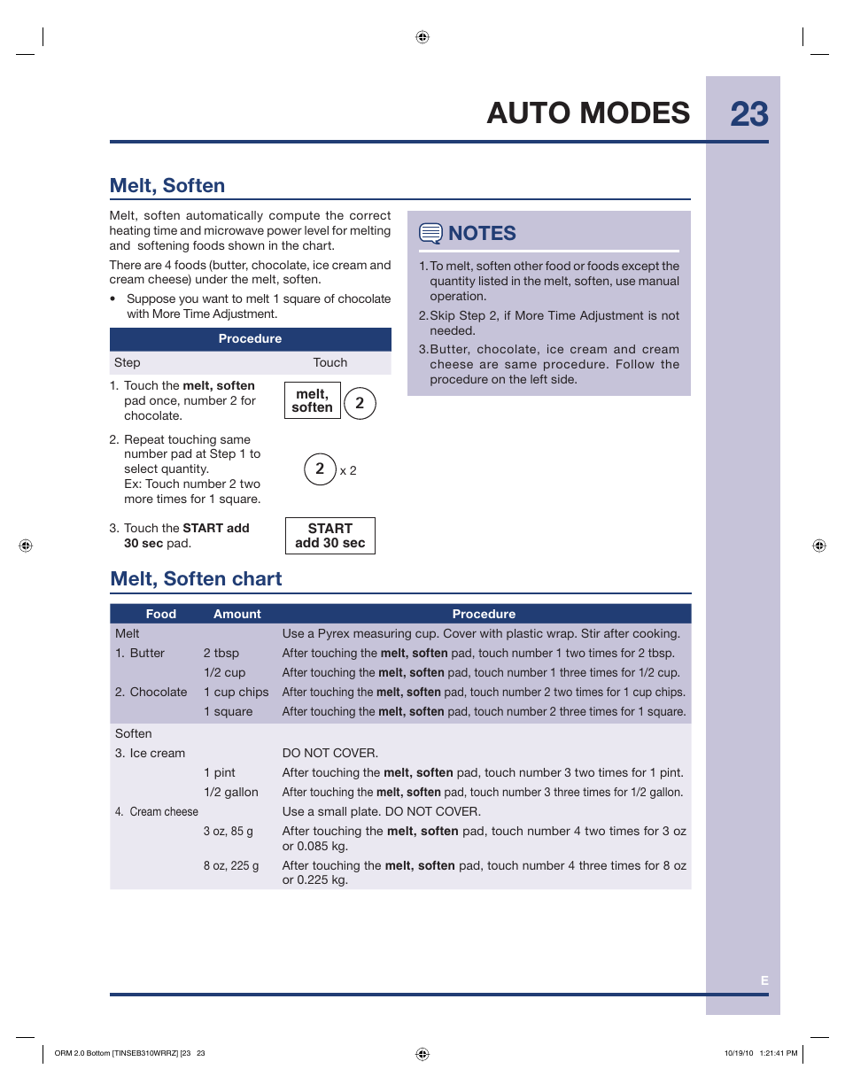 Auto modes, Melt, soften chart, Melt, soften | Electrolux EI30BM55HS User Manual | Page 23 / 36