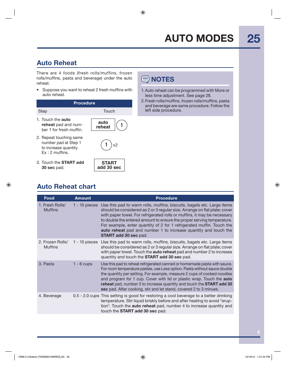 Auto modes, Auto reheat auto reheat chart | Electrolux EI30BM55HS User Manual | Page 25 / 36