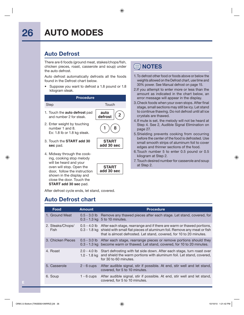 Auto modes, Auto defrost chart, Auto defrost | Electrolux EI30BM55HS User Manual | Page 26 / 36