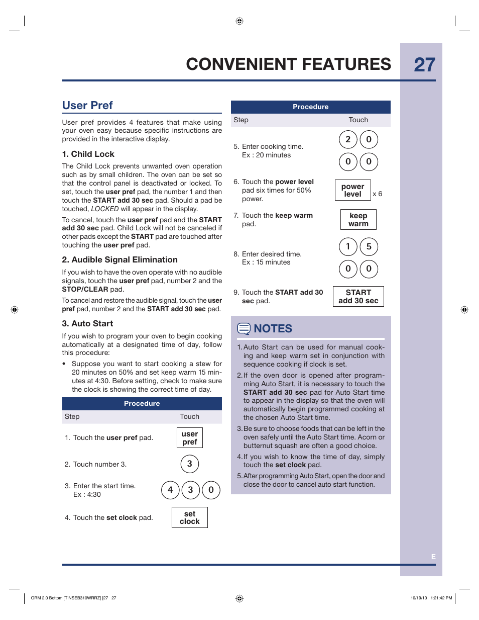 Convenient features, User pref | Electrolux EI30BM55HS User Manual | Page 27 / 36