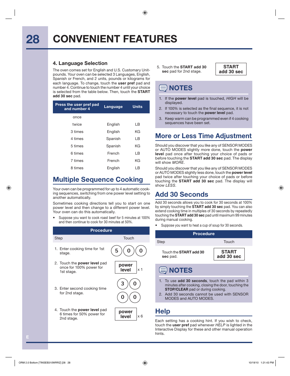 Convenient features, Multiple sequence cooking, More or less time adjustment | Add 30 seconds, Help | Electrolux EI30BM55HS User Manual | Page 28 / 36