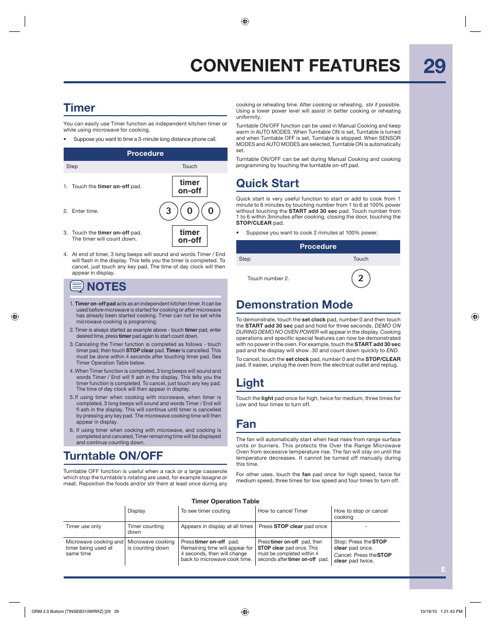 Convenient features, Timer, Turntable on/off | Quick start, Demonstration mode, Light | Electrolux EI30BM55HS User Manual | Page 29 / 36