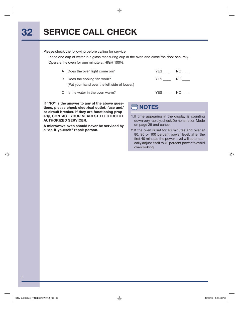 Service call check | Electrolux EI30BM55HS User Manual | Page 32 / 36