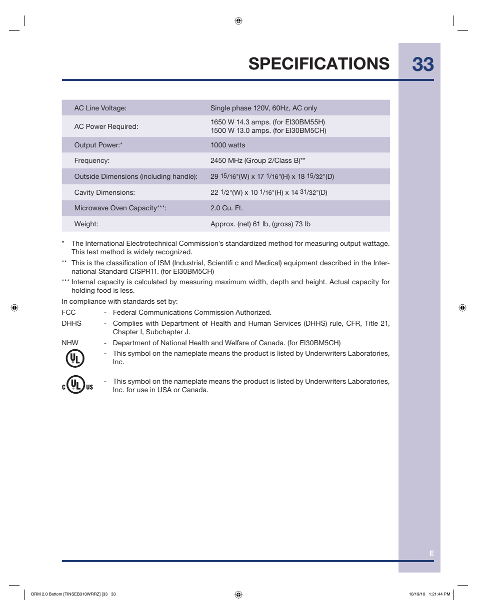 Specifications | Electrolux EI30BM55HS User Manual | Page 33 / 36