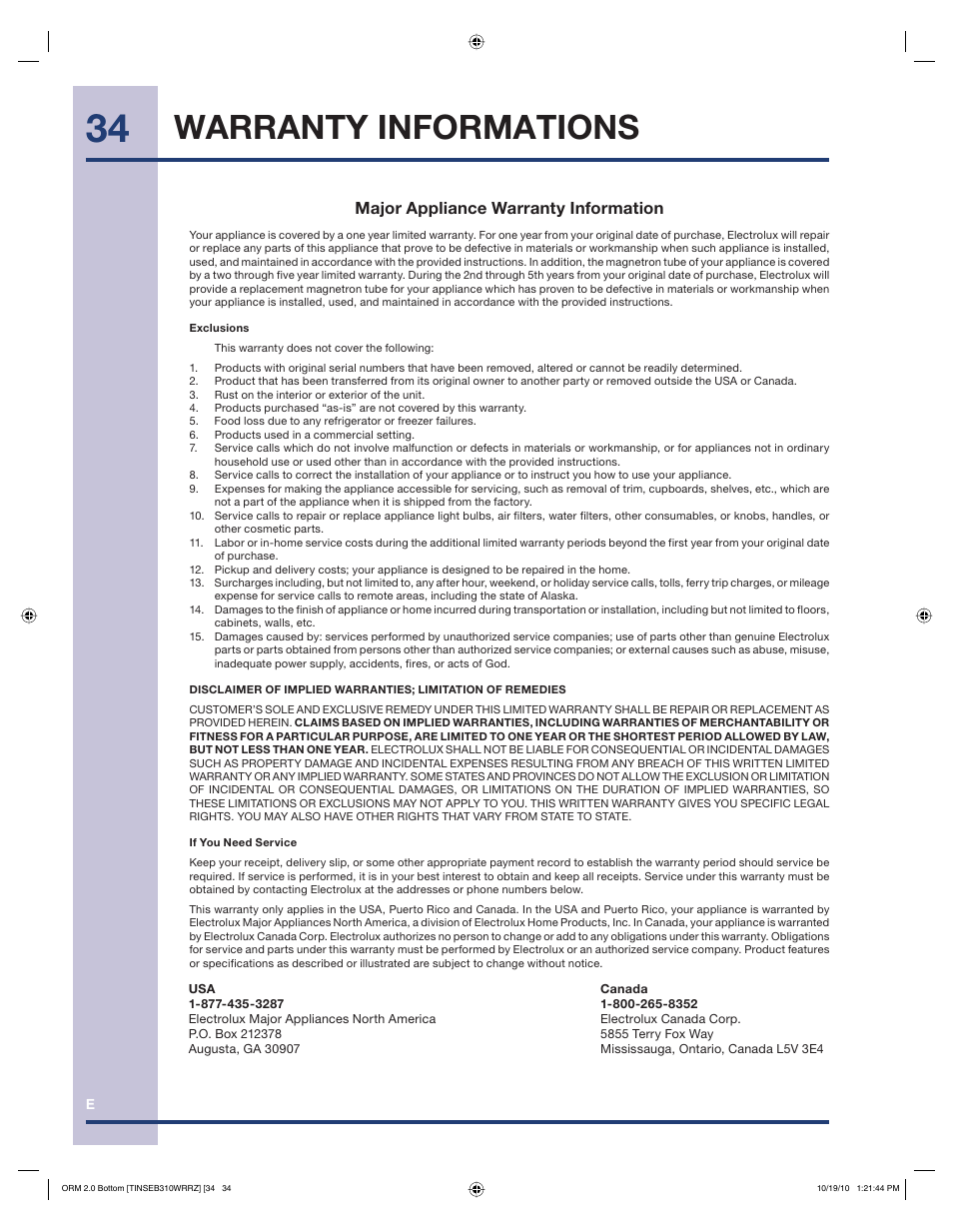 Warranty informations, Major appliance warranty information | Electrolux EI30BM55HS User Manual | Page 34 / 36