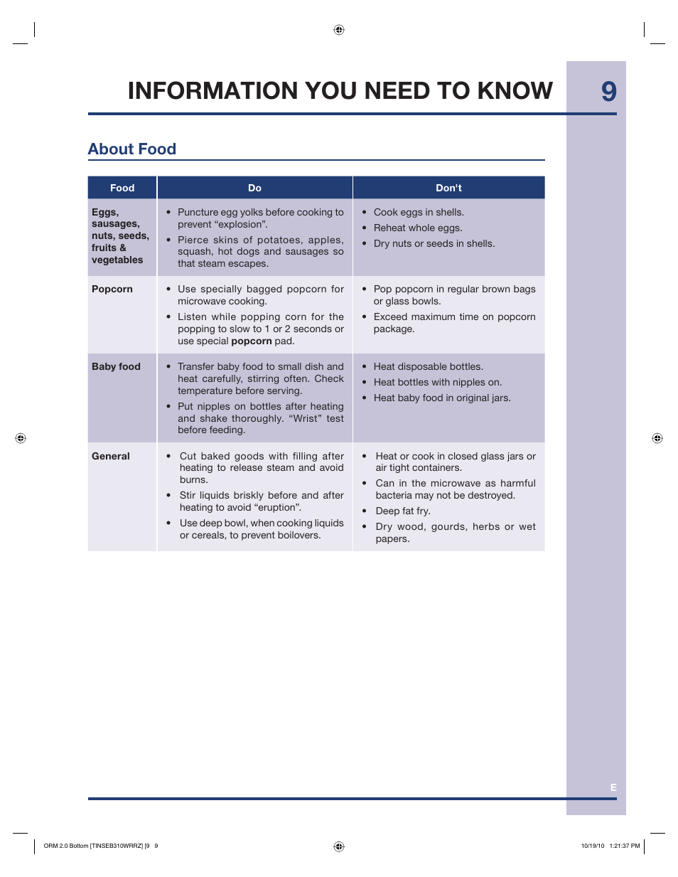 Information you need to know, About food | Electrolux EI30BM55HS User Manual | Page 9 / 36