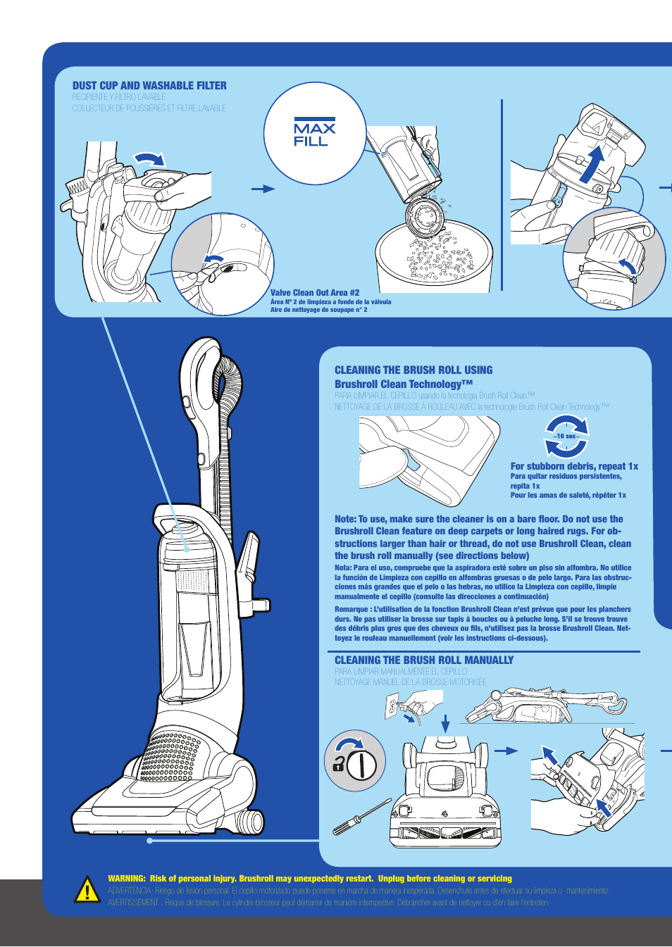 Dust cup and washable filter, Cleaning the brush roll manually | Electrolux EL8905A User Manual | Page 10 / 16