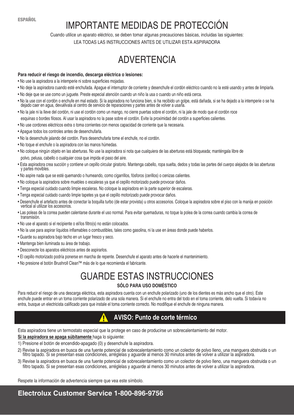 Importante medidas de protección, Advertencia, Guarde estas instrucciones | Electrolux EL8905A User Manual | Page 4 / 16