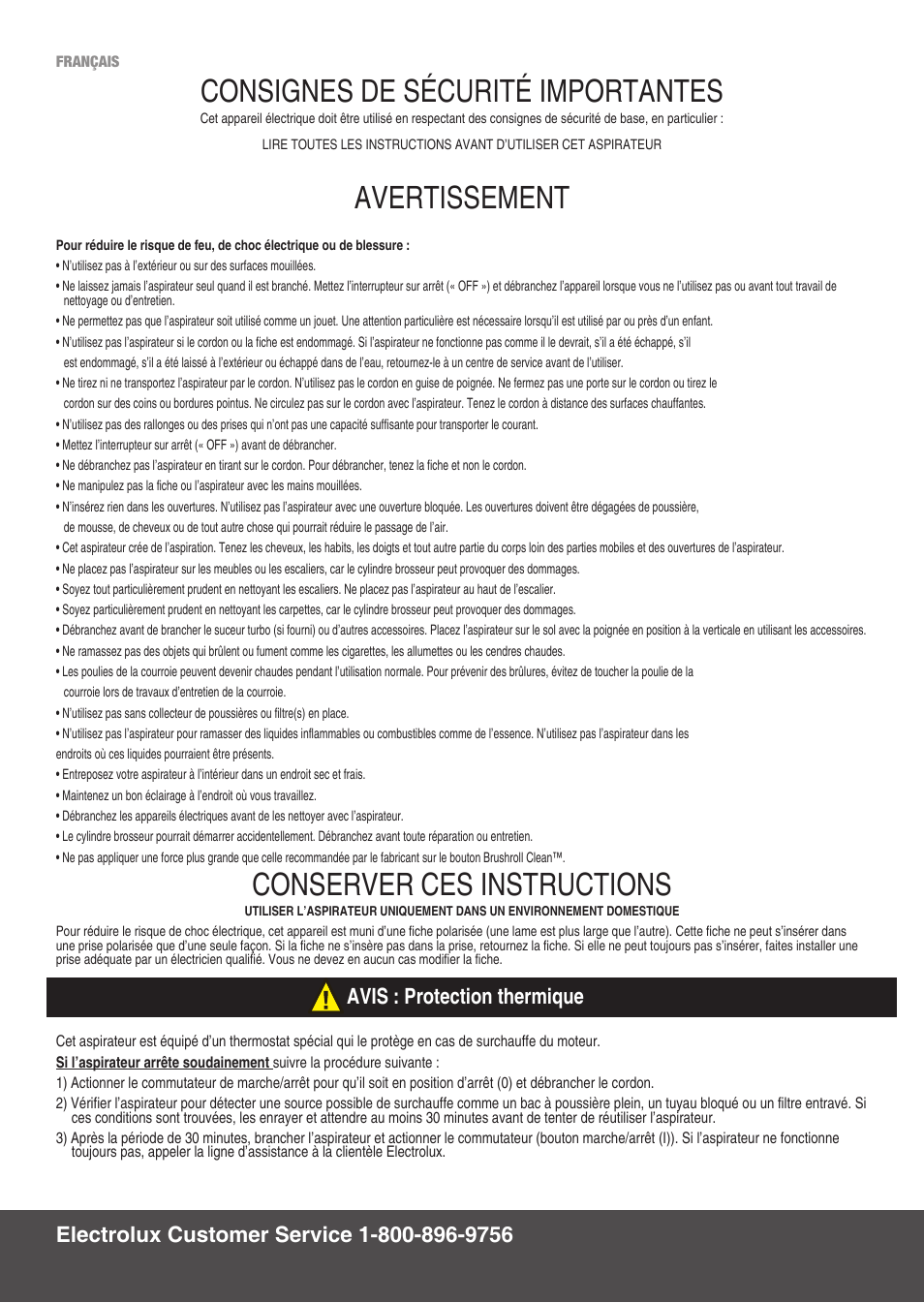 Consignes de sécurité importantes, Avertissement, Conserver ces instructions | Electrolux EL8905A User Manual | Page 5 / 16