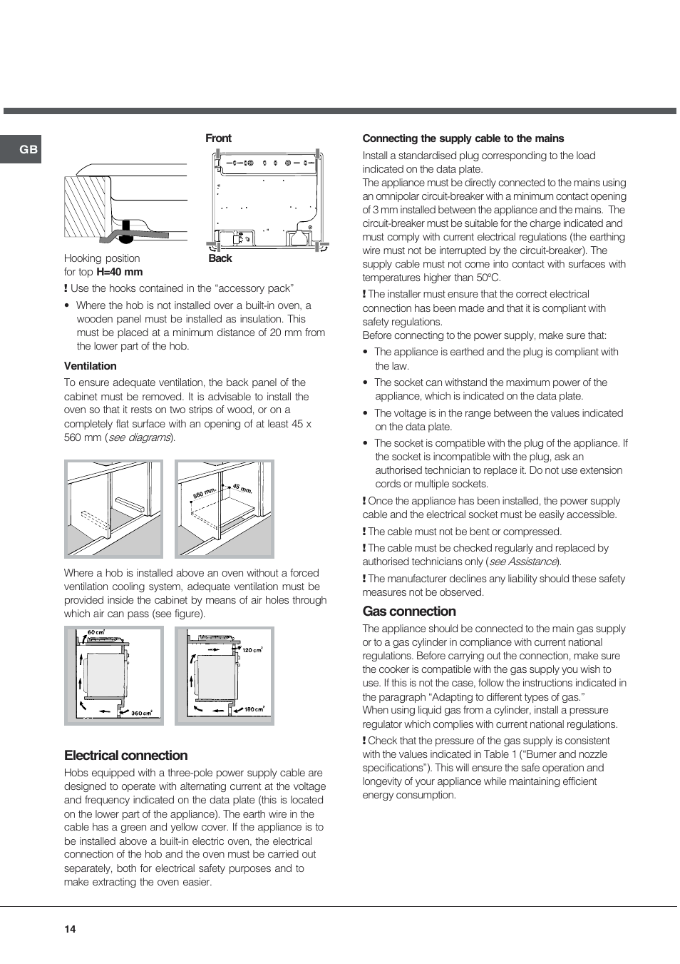 Electrical connection, Gas connection | Hotpoint Ariston PO 740 ES (IX)-HA User Manual | Page 14 / 56