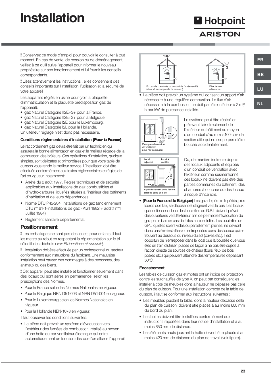 Installation, Positionnement | Hotpoint Ariston PO 740 ES (IX)-HA User Manual | Page 23 / 56
