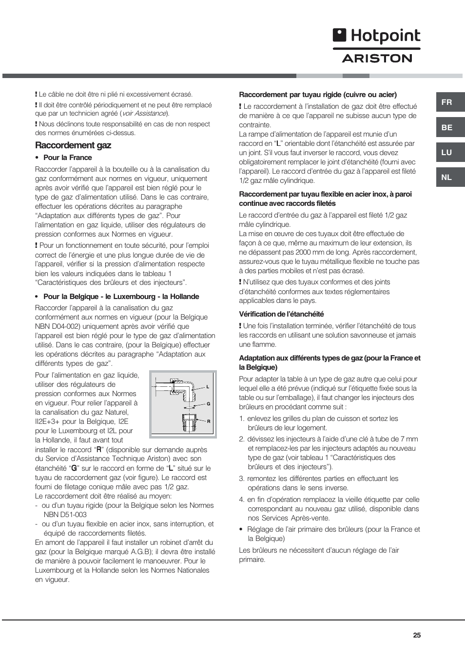 Raccordement gaz | Hotpoint Ariston PO 740 ES (IX)-HA User Manual | Page 25 / 56
