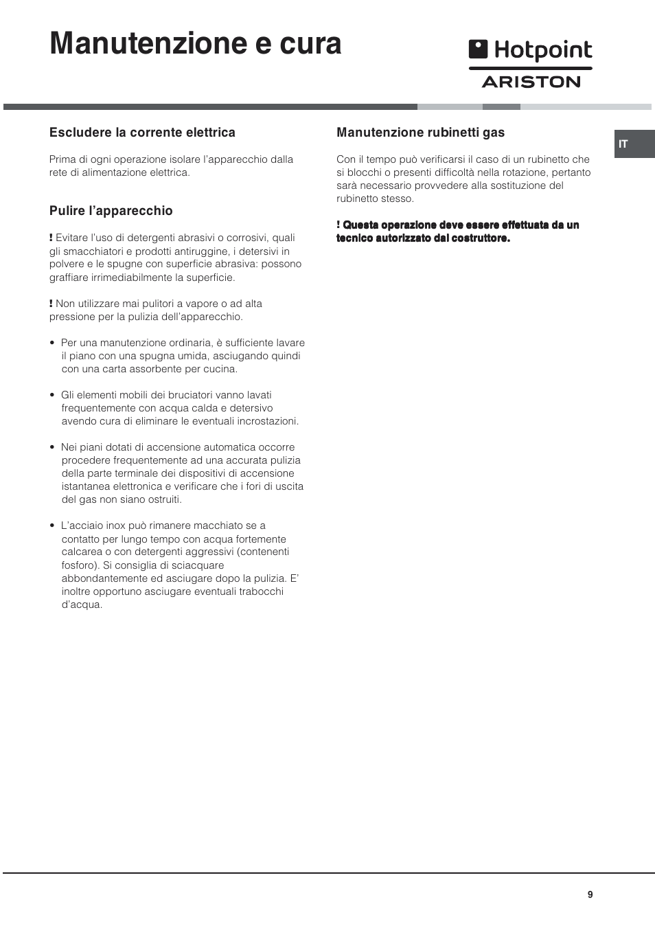 Manutenzione e cura | Hotpoint Ariston PO 740 ES (IX)-HA User Manual | Page 9 / 56