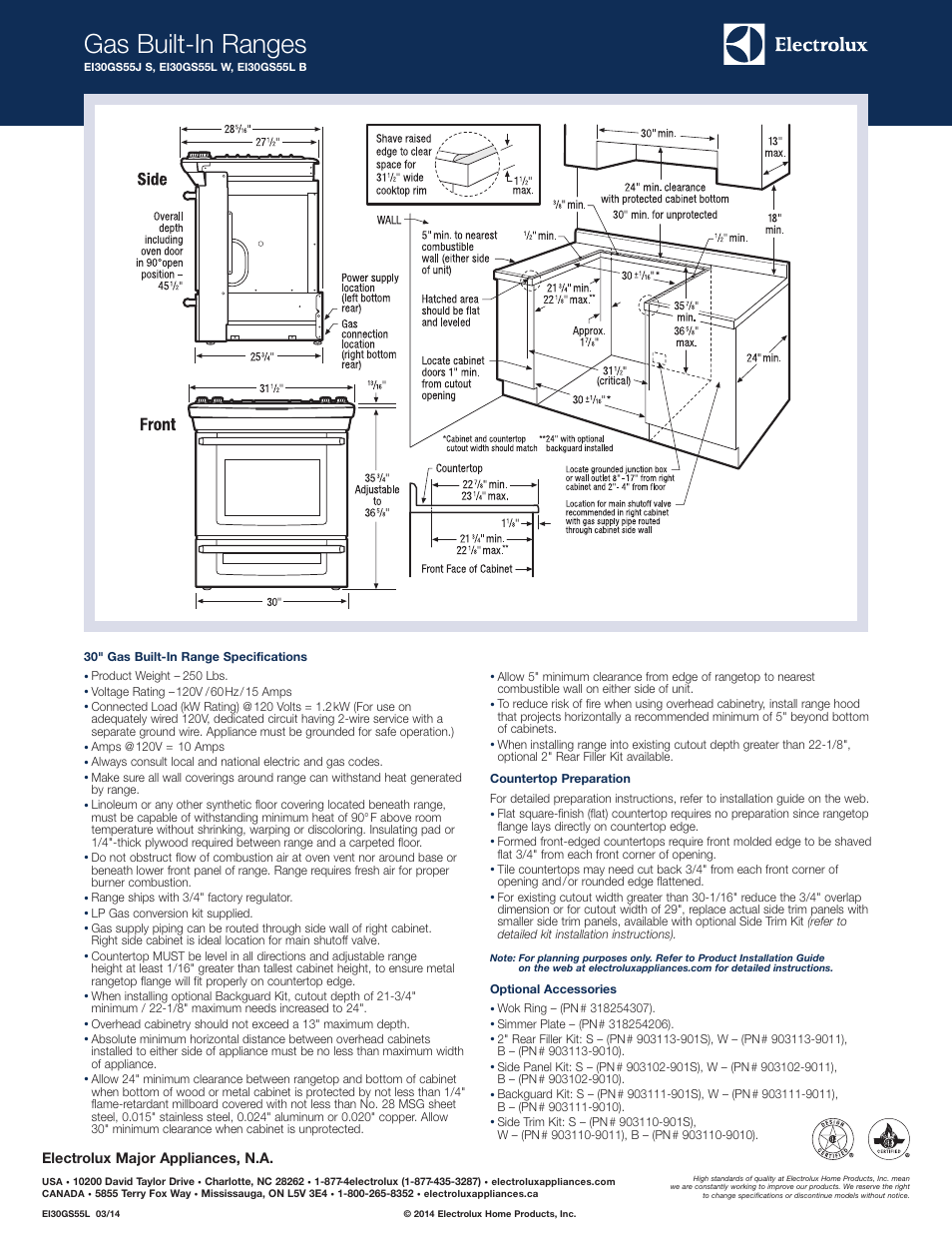 Gas built-in ranges, Electrolux major appliances, n.a | Electrolux EI30GS55LB User Manual | Page 2 / 5