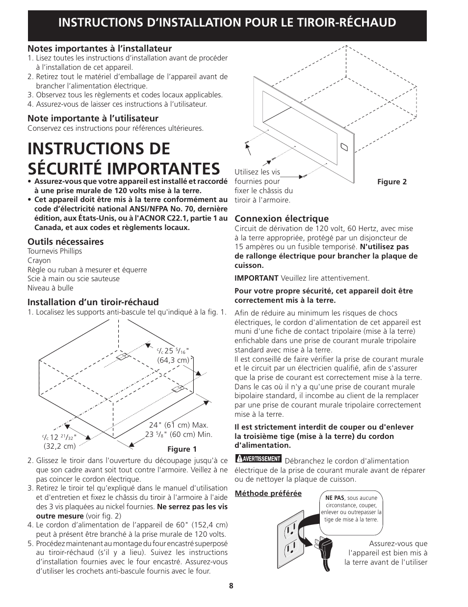 Instructions de sécurité importantes, Instructions d’installation pour le tiroir-réchaud | Electrolux EW30WD55GS User Manual | Page 8 / 12