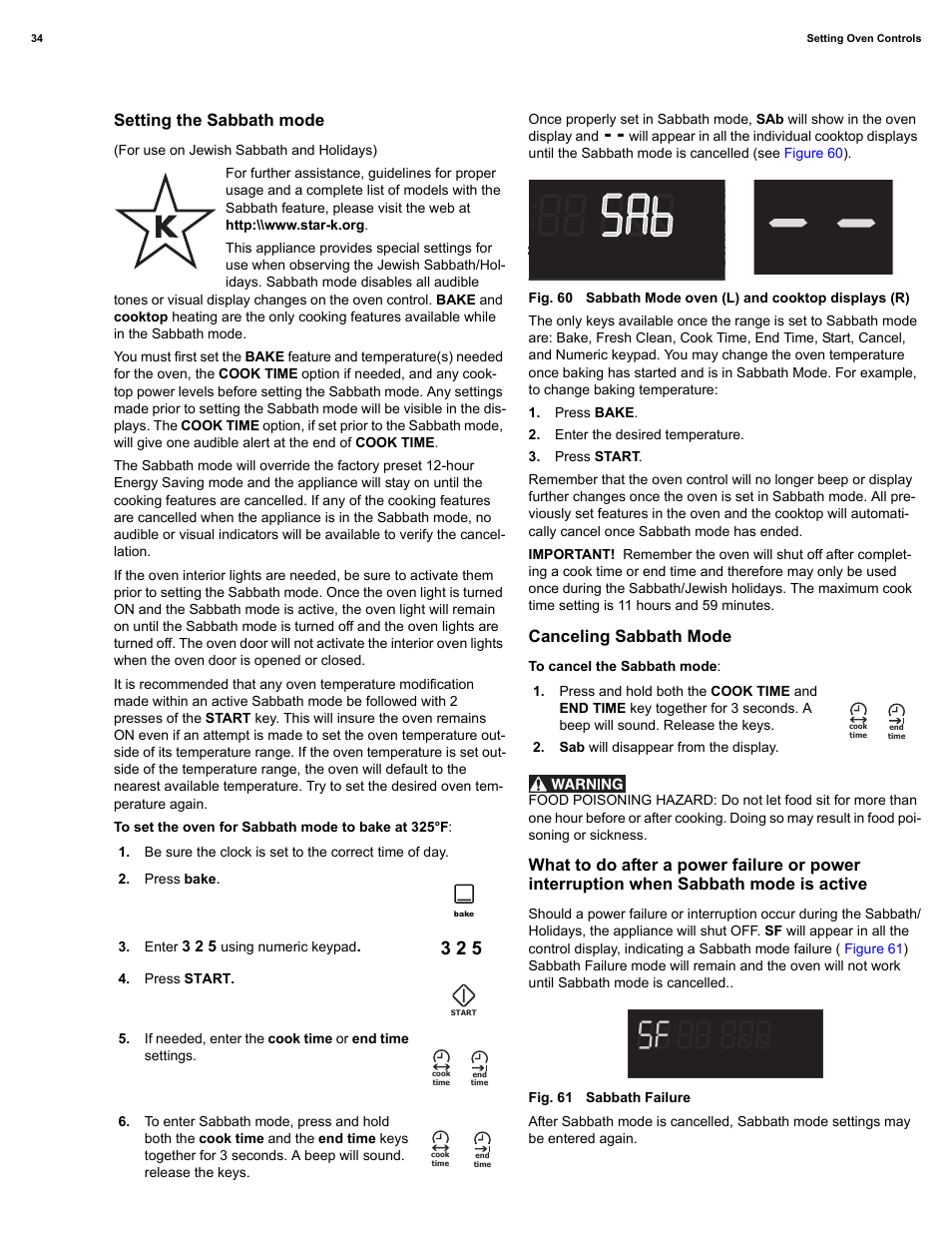 Setting the sabbath mode, Canceling sabbath mode | Electrolux EI30IF40LS User Manual | Page 34 / 47