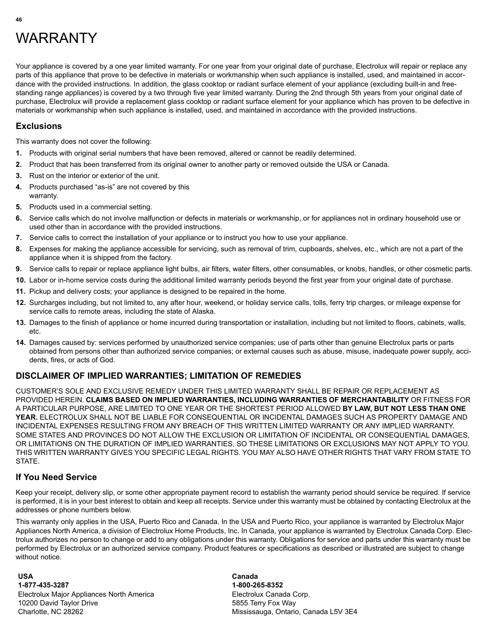 Warranty | Electrolux EI30IF40LS User Manual | Page 46 / 47