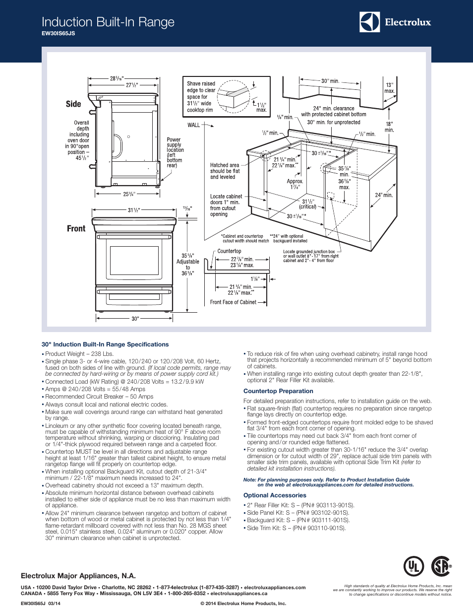 Induction built-in range, Electrolux major appliances, n.a | Electrolux EW30IS65JS User Manual | Page 2 / 5