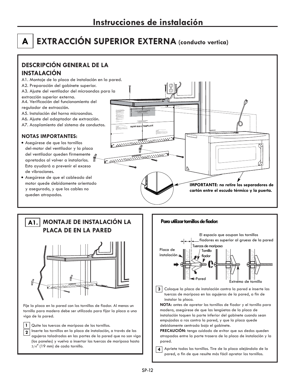 Instrucciones de instalación, Extracción superior externa, Montaje de instalación la placa de en la pared a1 | Conducto vertica), Descripción general de la instalación, Para utilizar tornillos de fiador, Notas importantes | Electrolux EI30BM60MS User Manual | Page 36 / 72