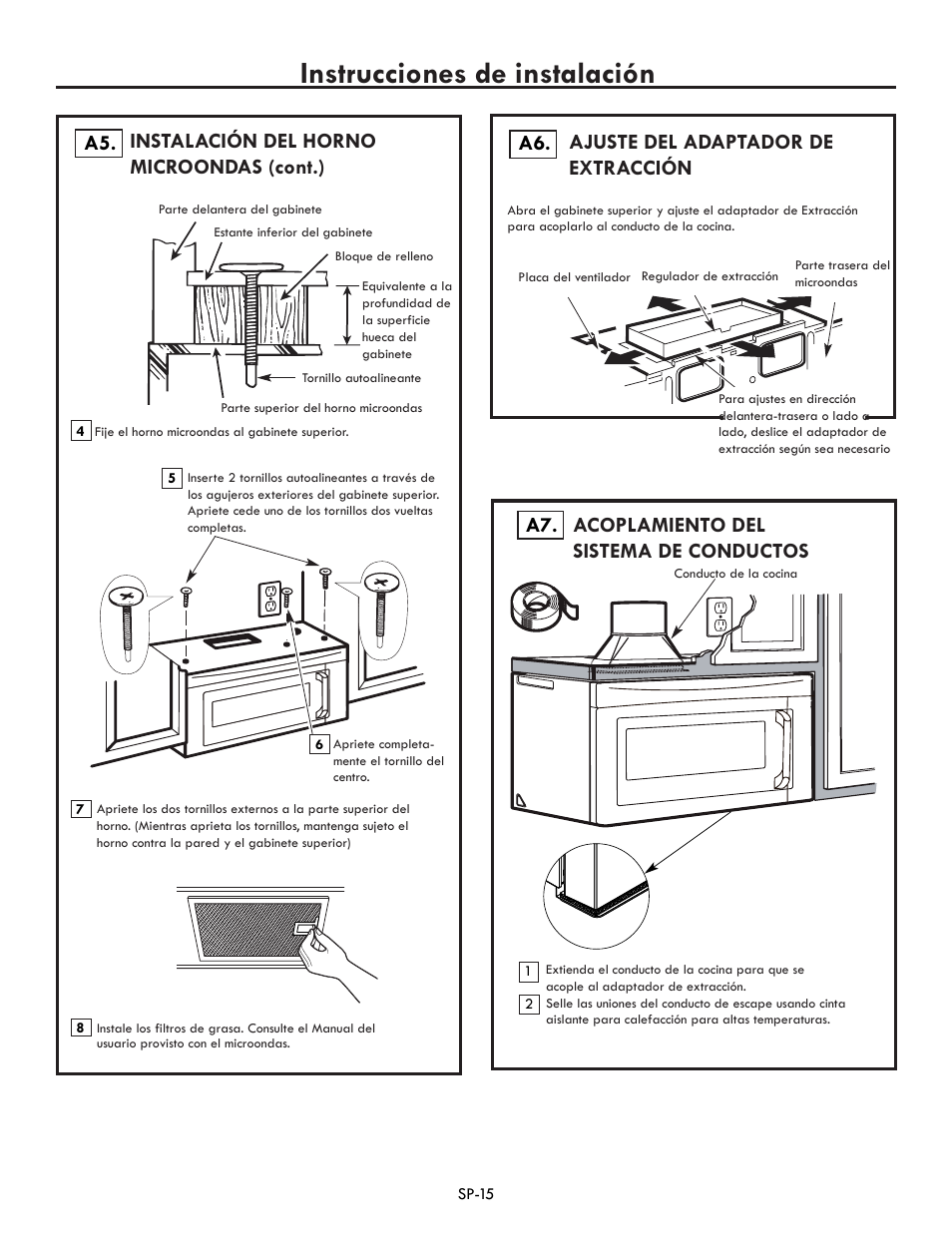 Instrucciones de instalación, A6. a5, Instalación del horno microondas (cont.) | Ajuste del adaptador de extracción, Acoplamiento del sistema de conductos | Electrolux EI30BM60MS User Manual | Page 39 / 72