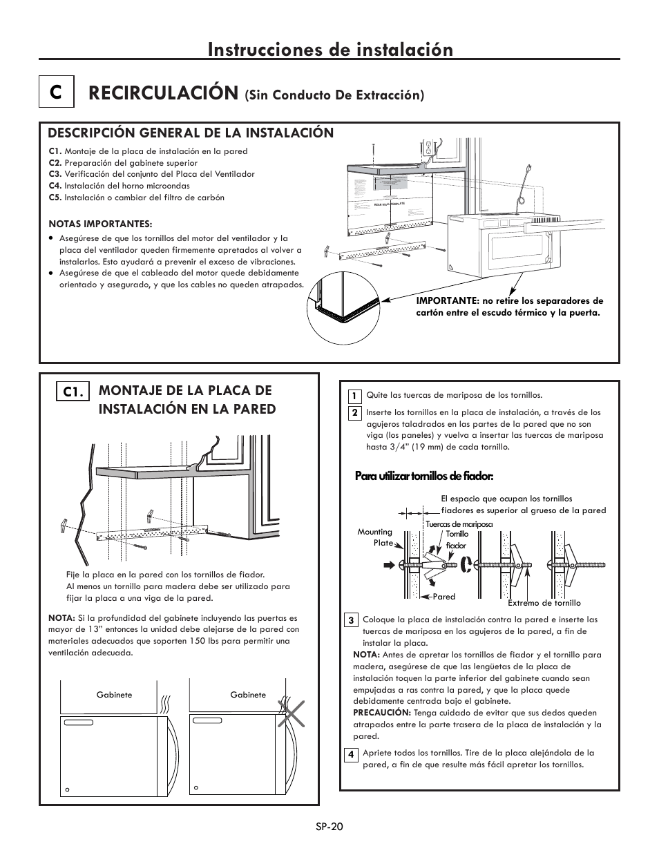 Instrucciones de instalación, Recirculación, Montaje de la placa de instalación en la pared | Para utilizar tornillos de fiador | Electrolux EI30BM60MS User Manual | Page 44 / 72