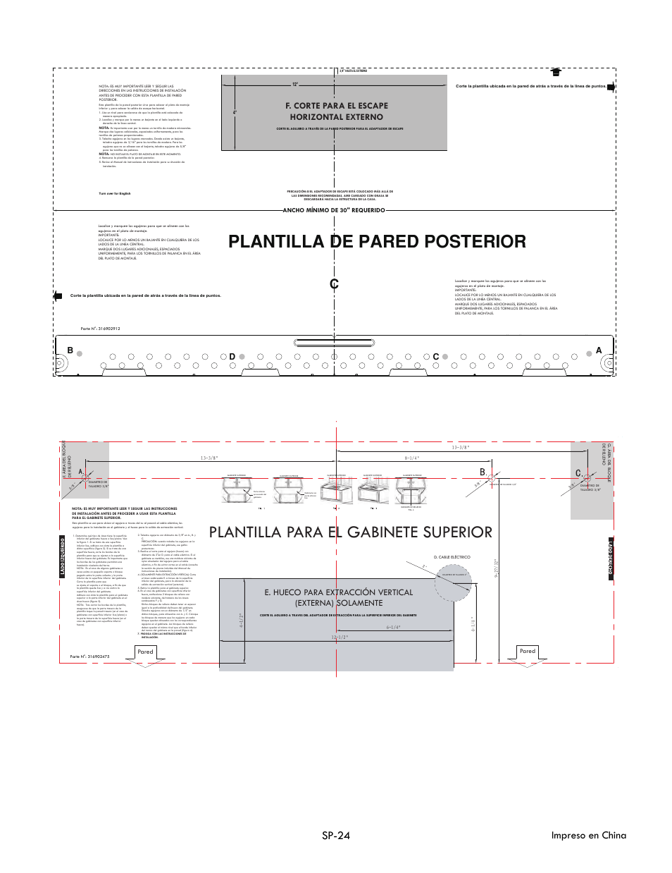 Plantilla para el gabinete superior, Sp-24, Impreso en china | F. corte para el escape horizontal externo | Electrolux EI30BM60MS User Manual | Page 48 / 72