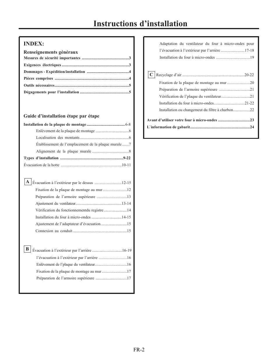 Instructions d’installation, Index, Fr-2 | Electrolux EI30BM60MS User Manual | Page 50 / 72
