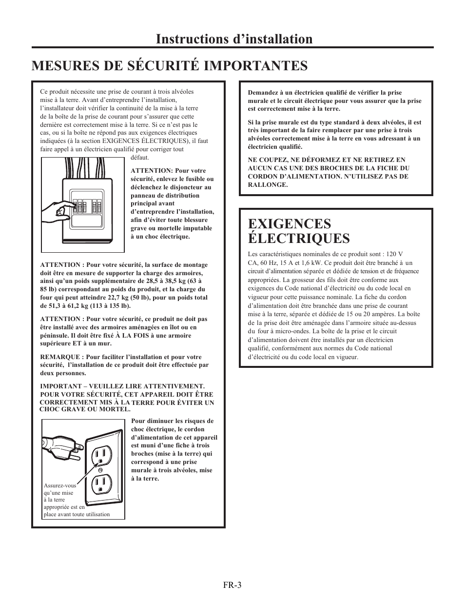 Instructions d’installation, Mesures de sécurité importantes, Exigences électriques | Electrolux EI30BM60MS User Manual | Page 51 / 72