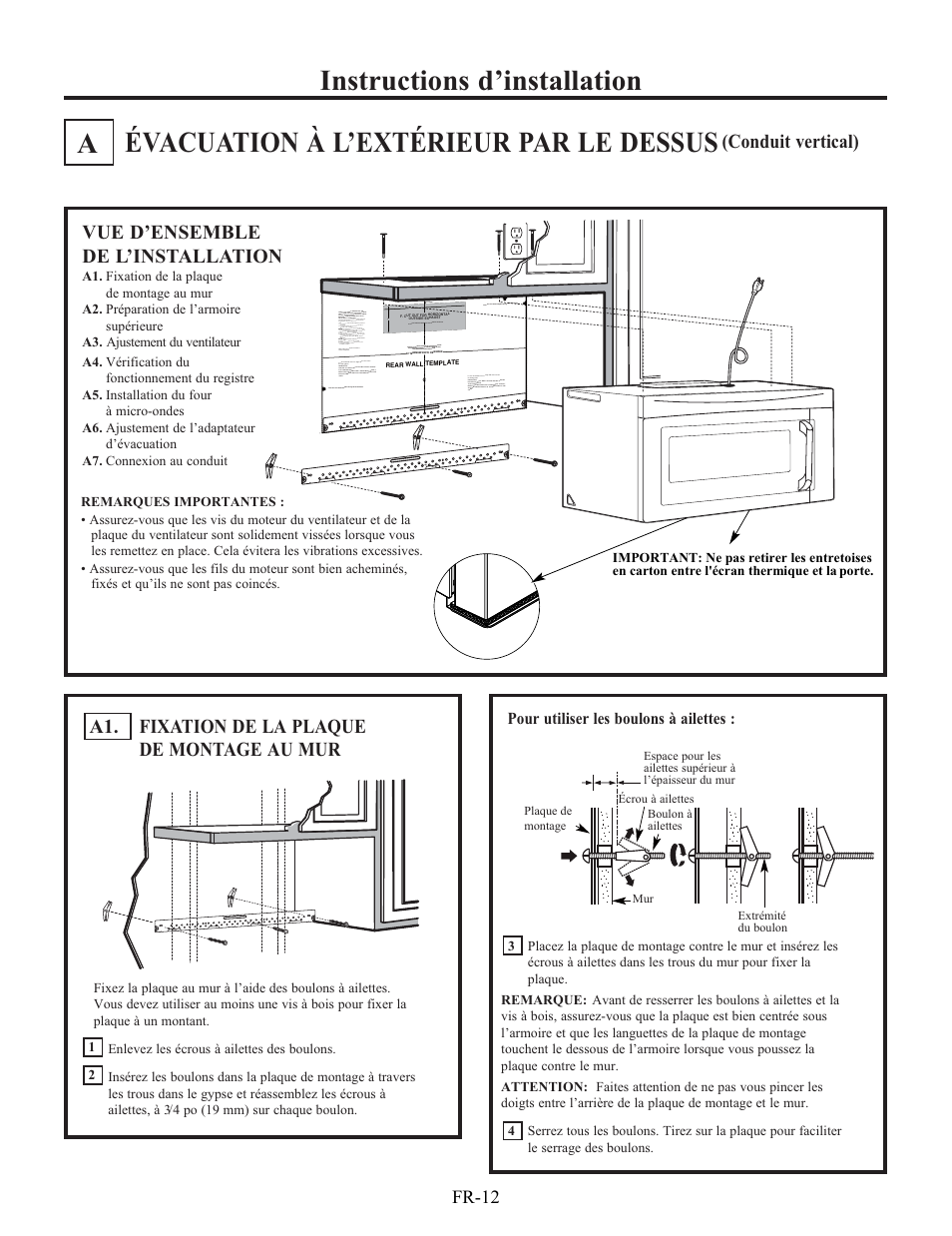 Conduit vertical), Vue d’ensemble de l’installation, Fixation de la plaque de montage au mur a1 | Fr-12 | Electrolux EI30BM60MS User Manual | Page 60 / 72