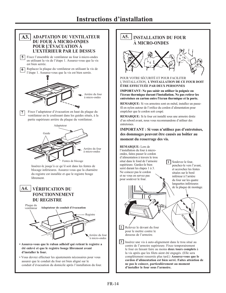 Instructions d’installation, Installation du four à micro-ondes, Vérification du fonctionnement du registre | Fr-14 | Electrolux EI30BM60MS User Manual | Page 62 / 72