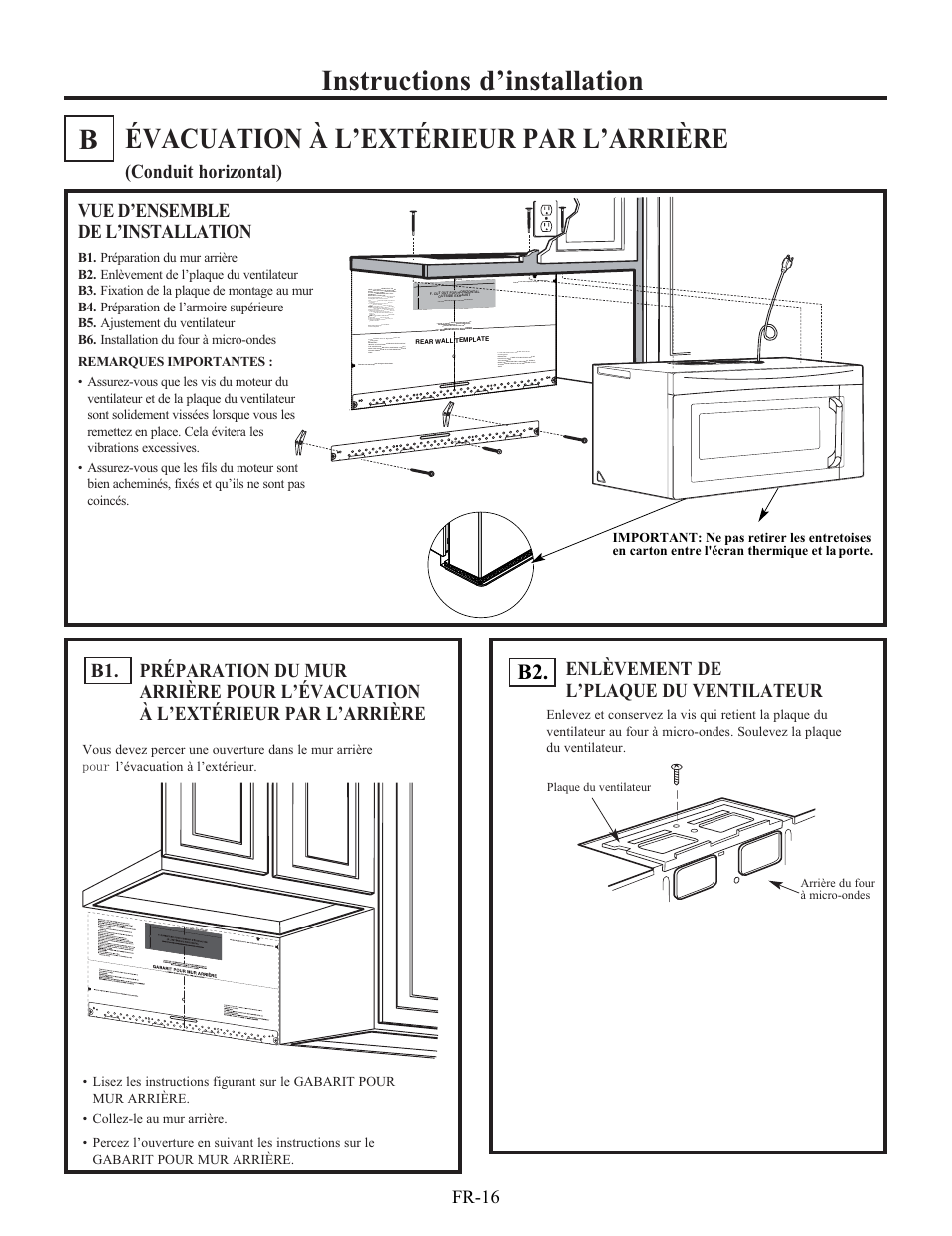 Conduit horizontal), Vue d’ensemble de l’installation, Enlèvement de l’plaque du ventilateur | Fr-16 | Electrolux EI30BM60MS User Manual | Page 64 / 72
