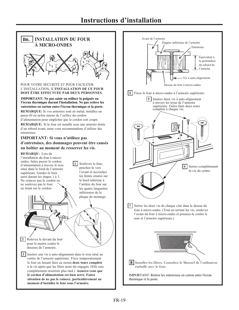 Instructions d’installation, Installation du four à micro-ondes b6, Fr-19 | Electrolux EI30BM60MS User Manual | Page 67 / 72