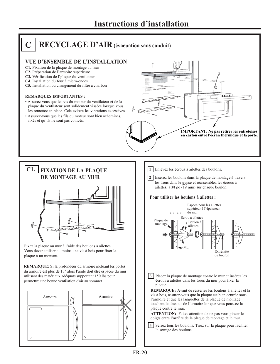 Instructions d’installation recyclage d’air, Évacuation sans conduit), Fixation de la plaque de montage au mur c1 | Vue d’ensemble de l’installation, Fr-20 | Electrolux EI30BM60MS User Manual | Page 68 / 72