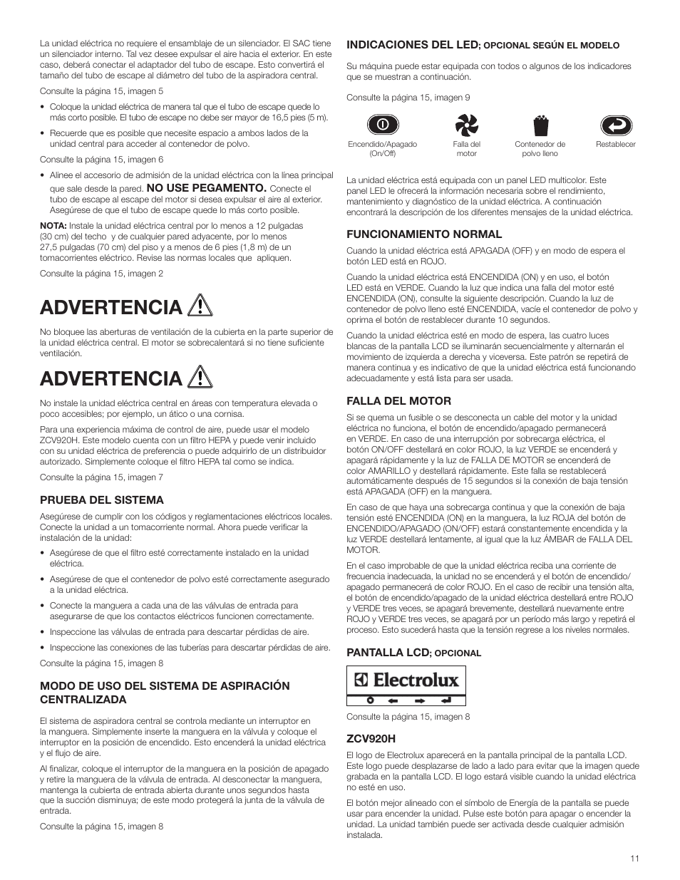 Advertencia | Electrolux ZCV910 User Manual | Page 11 / 24