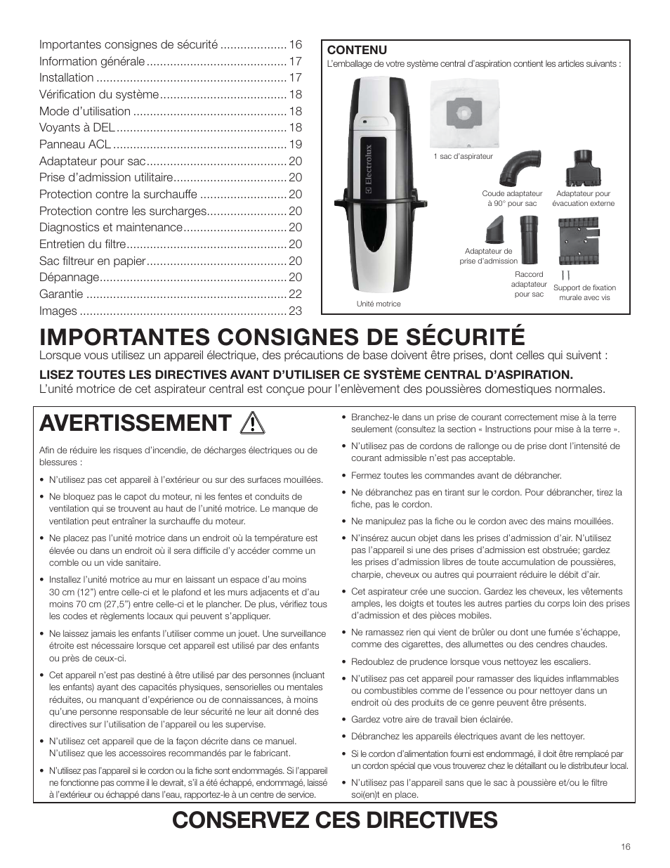 Importantes consignes de sécurité, Avertissement, Conservez ces directives | Electrolux ZCV910 User Manual | Page 16 / 24