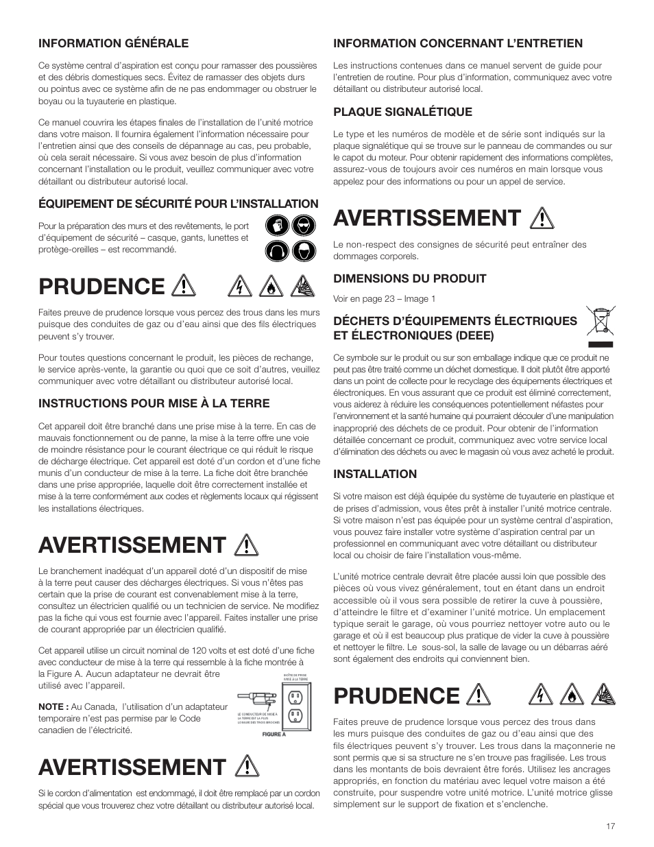 Prudence, Avertissement | Electrolux ZCV910 User Manual | Page 17 / 24