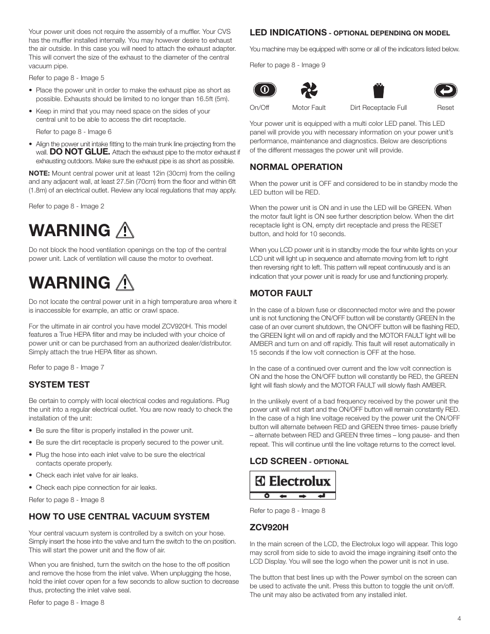 Warning | Electrolux ZCV910 User Manual | Page 4 / 24