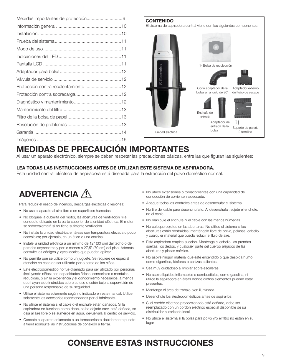 Medidas de precaución importantes, Advertencia, Conserve estas instrucciones | Electrolux ZCV910 User Manual | Page 9 / 24