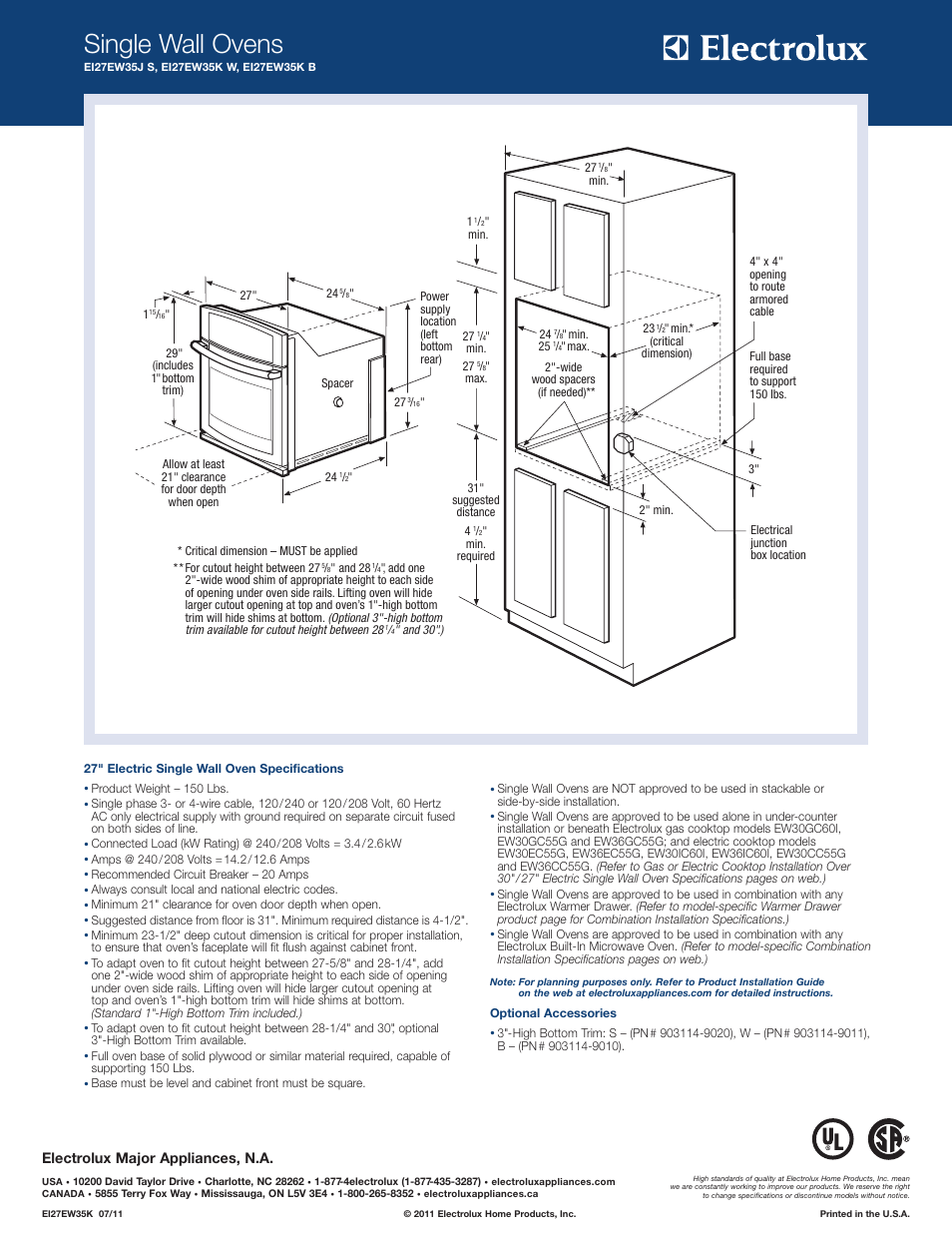 Single wall ovens, Electrolux major appliances, n.a | Electrolux EI27EW35KW User Manual | Page 2 / 10