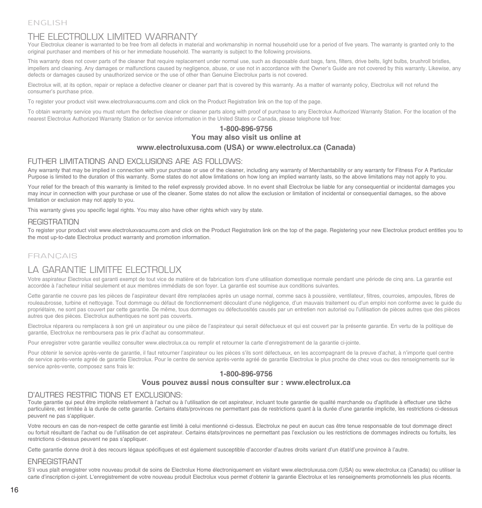 The electrolux limited warranty, La garantie limitfe electrolux | Electrolux EL4650A User Manual | Page 16 / 18